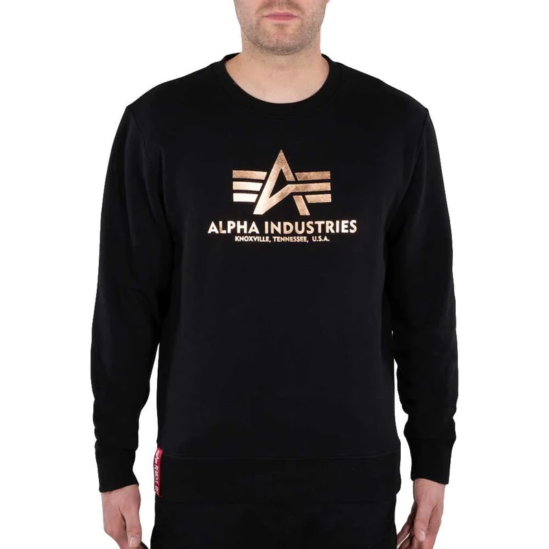 Alpha Industries Men's Basic Sweater Foil Print Sweatshirt, Black/Gold, M