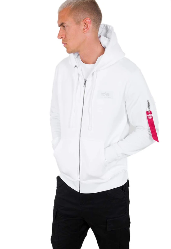 Alpha Industries Men's Back Print Zip Hoodie Hooded Sweatshirt, White, XS
