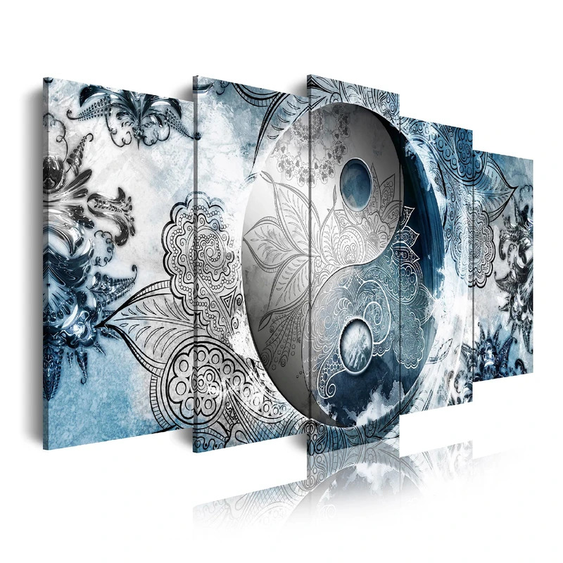 DekoArte - Modern Pictures - Digitised Artistic Pictures | Decorative Canvas for Living Room or Bedroom | Ying Yang Style Zen Abstractions Blue Silver | 5 Pieces 150 x 80 cm