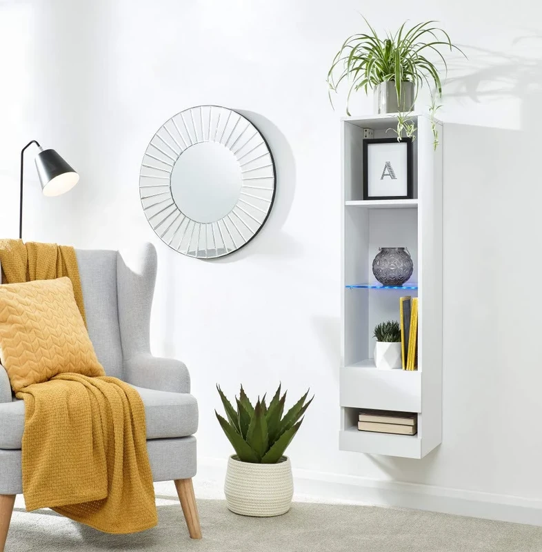 GFW Galicia Tall Storage Cabinet Unit, LED display shelves, Lift up panel for extra storage. High Gloss Storage Cabinet Suitable For Living Room & Bedroom, Engineered Wood, White, 30D x 30W x 120Hcm