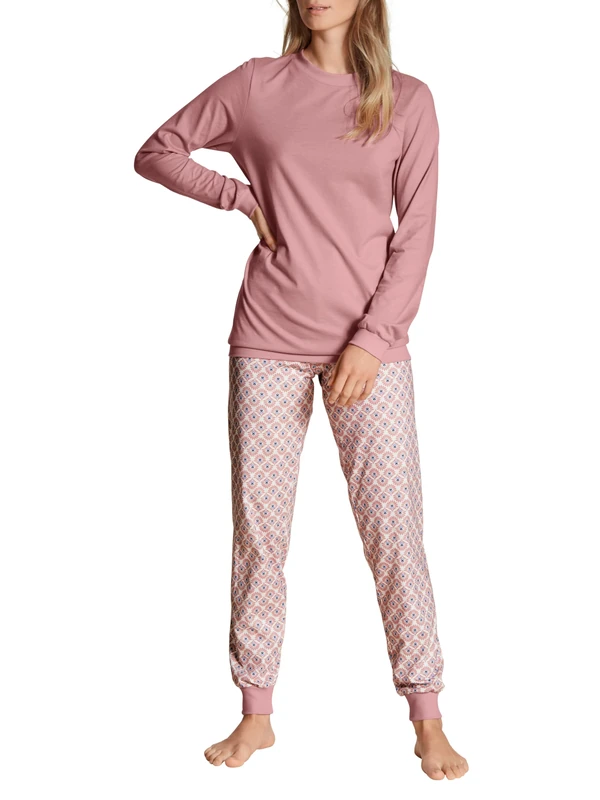 CALIDA Lovely Nights Women's Cuffed Pyjamas with Ribbed Cuffs and Trousers, Rose Bud, 52-54