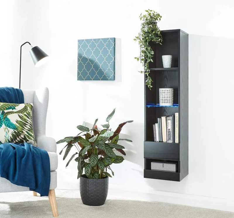 GFW Galicia Tall Storage Cabinet Unit, LED display shelves, Lift Up panel For Extra Storage. High Gloss Storage Cabinet Suitable For Living Room & Bedroom, Engineered Wood, Black, 30D x 30W x 120Hcm