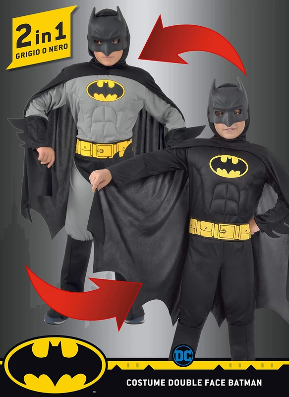 Batman 2-in-1 (Classic / Dark Knight) costume disguise boy official DC Comics (Size 8-10 years) with padded muscles