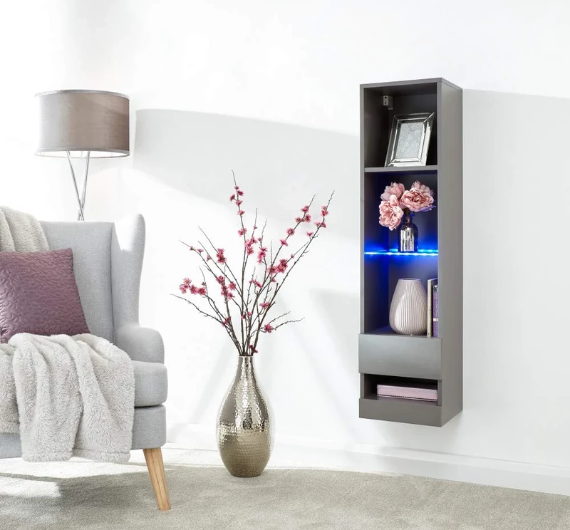 GFW Galicia Tall Shelf Unit with LED Grey