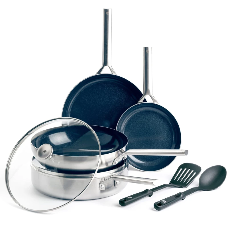 Blue Diamond Cookware Triple Steel Stainless Steel Diamond Reinforced Ceramic Nonstick 7-Piece Cookware Pots and Pans Set, Frying Pan, Skillet,Sauté Pan,PFAS-Free,Multi Clad,Induction,Oven Safe,Silver