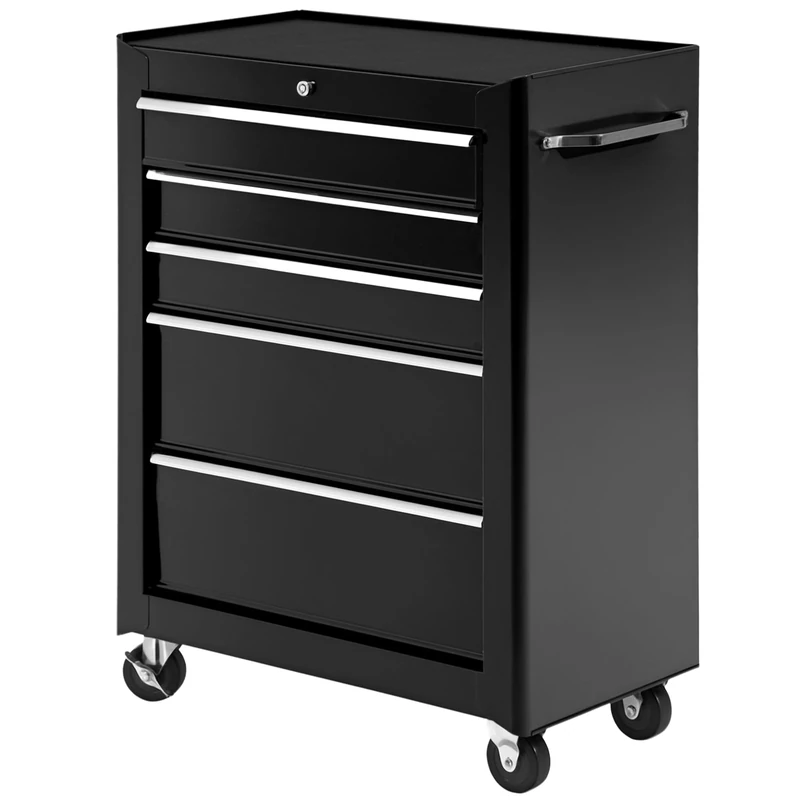 HOMCOM 5-Drawer Lockable Steel Tool Storage Cabinet with Wheels Handle 2 Keys Organisation Box Unit Chest Garage DIY Workshop Trolley Black