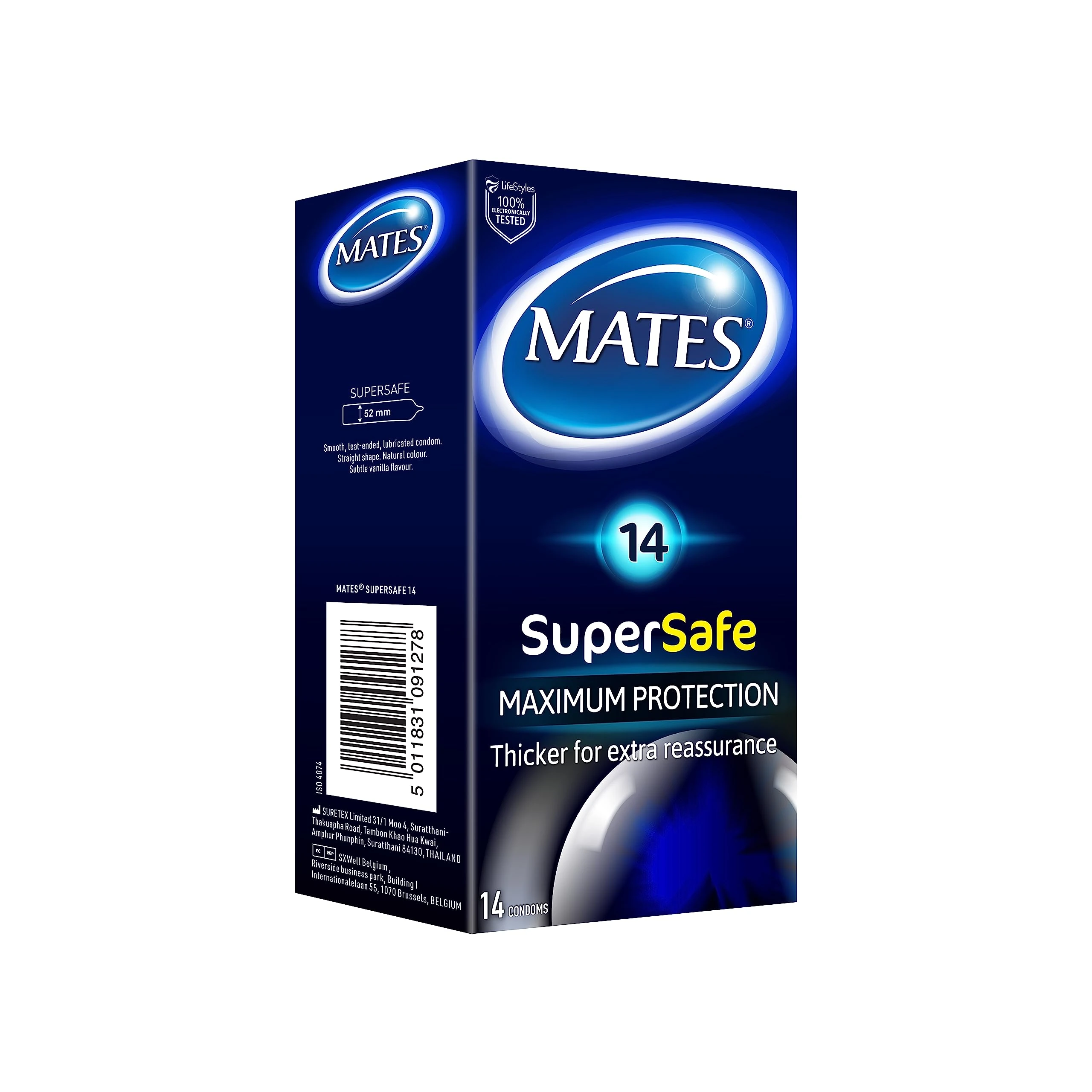 MATES SuperSafe Condoms Pack of 14 Extra Thickness for a Maximum Protection, Condoms for Men, Regular Size, Strong, Smooth, Straight Shape, Lubricated, 52mm Wide