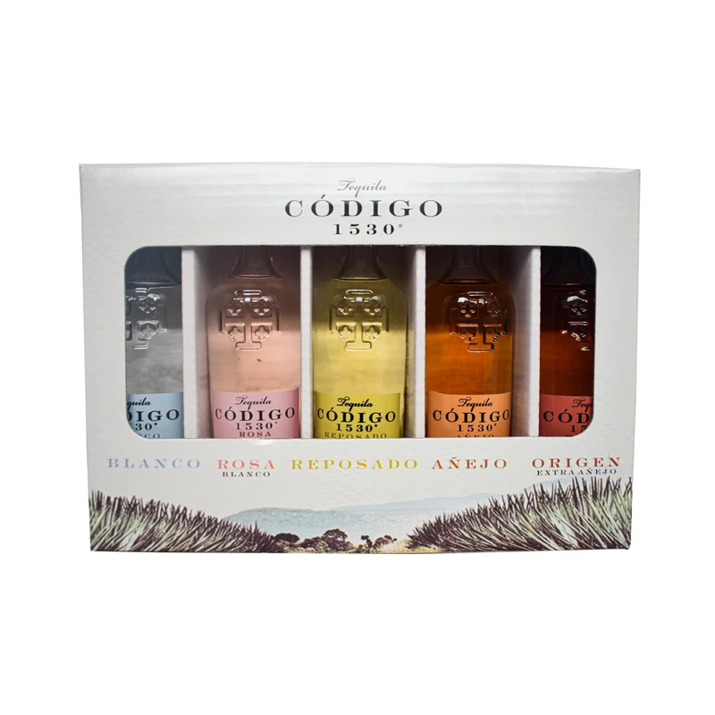 Código 1530 Ultra-Premium Tequila Gift Set (Blanco, Rosa Blanco, Reposado, Añejo, Origen (Extra Añejo)), Award-winning, 100% Blue Weber Agave, 5 x 50ml, 40% ABV