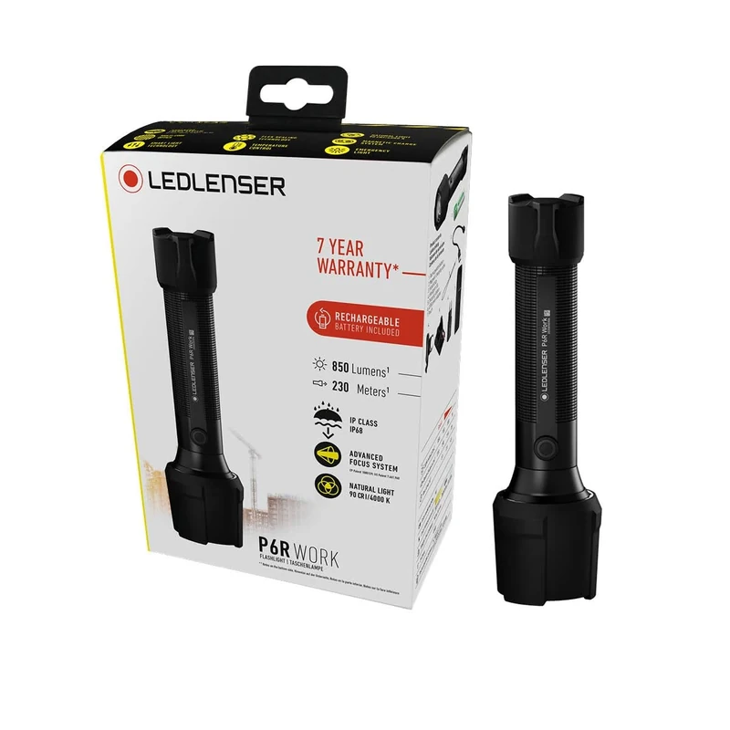 Ledlenser P6R Work | 2020 | LED Rechargeable Torch, 850 Lumens, High CRI, SOS, Strobe, Up to 45h Battery, 230m Beam, IP68 Waterproof, Rubber Protectors, Ideal for Workshop Garage Mechanic, Worksite