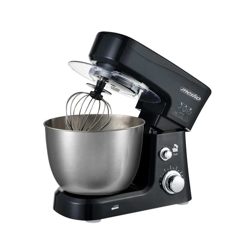 Mesko MS 4217 Food Processor, Kneading Machine with 3.5 L Stainless Steel Bowl, 6 Speeds, Dough Hook, Whisk, Beater, 1200 W, Splash Guard, Mixer, Dough Machine, Silver/Black