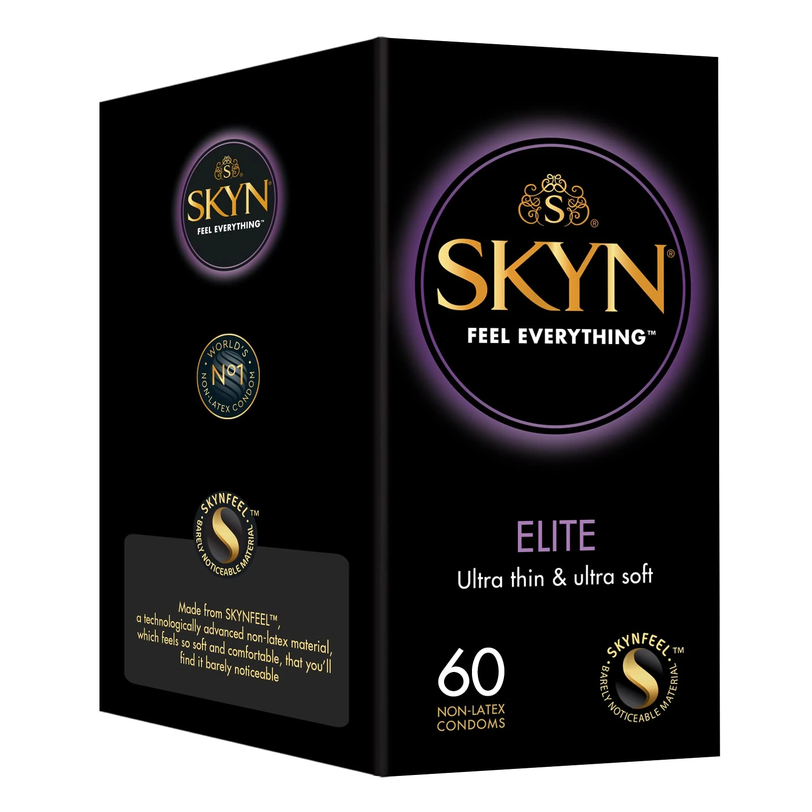 SKYN Elite Condoms Pack of 60 / Skynfeel Latex Free Condoms for Men, Regular Size, Ultra Thin & Soft, Smooth Straight Shape, 53mm Wide