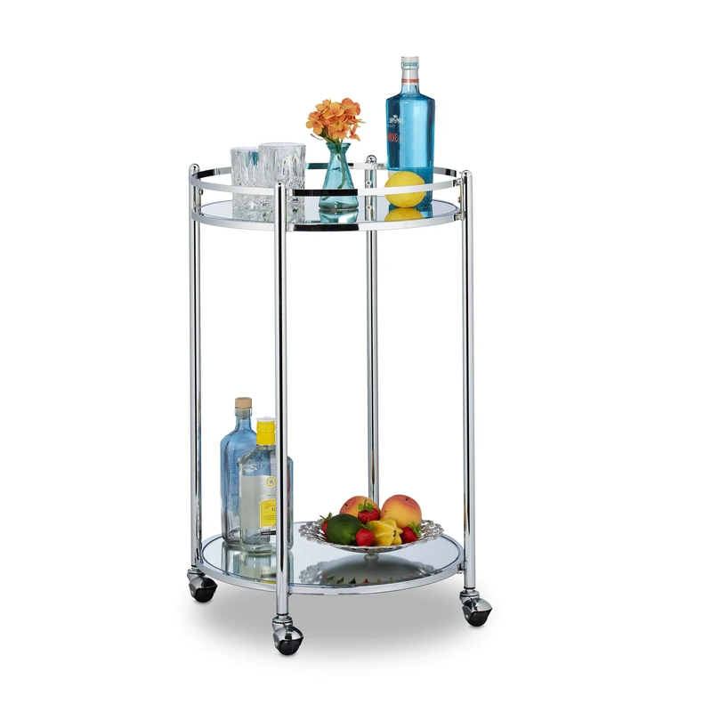 Relaxdays Kitchen Trolley Round, Serving Bar, with 2 Shelves, Steel, Mirrored, Tea, with Wheels, Size 75 x 50 cm, Silver