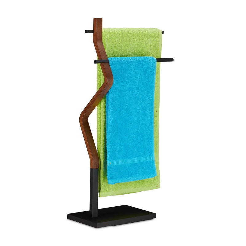 Relaxdays Towel Rack Standing, Dryer in Bent Design with 2 Bars, HxWxD: 85 x 43.5 x 20 cm, Wood & Metal, Black/Brown