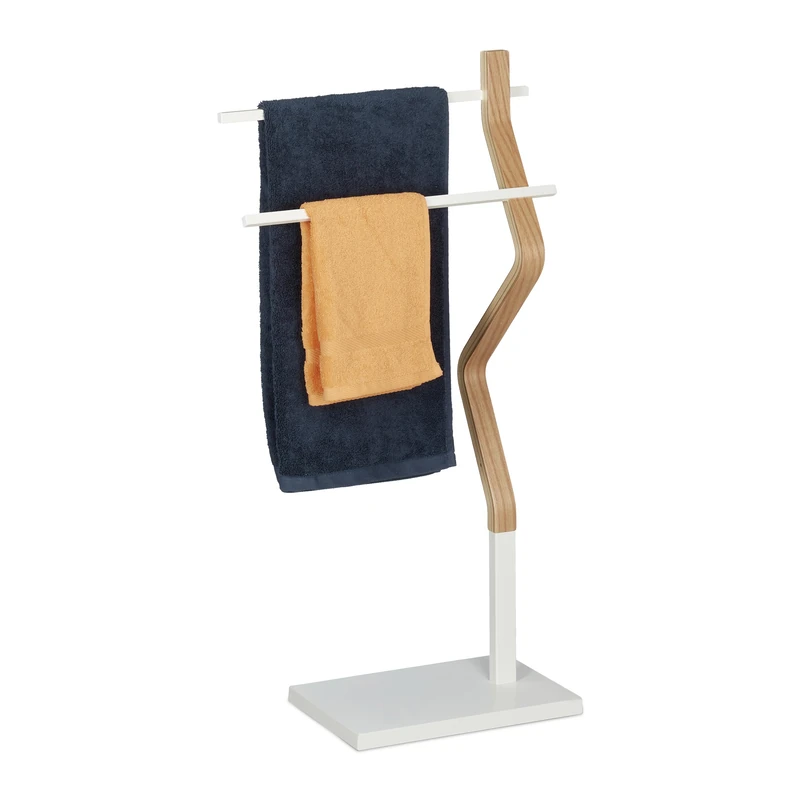 Relaxdays Towel Rack Standing, Dryer in Bent Design with 2 Bars, HxWxD: 85 x 43.5 x 20 cm, Wood & Metal, White/Natural