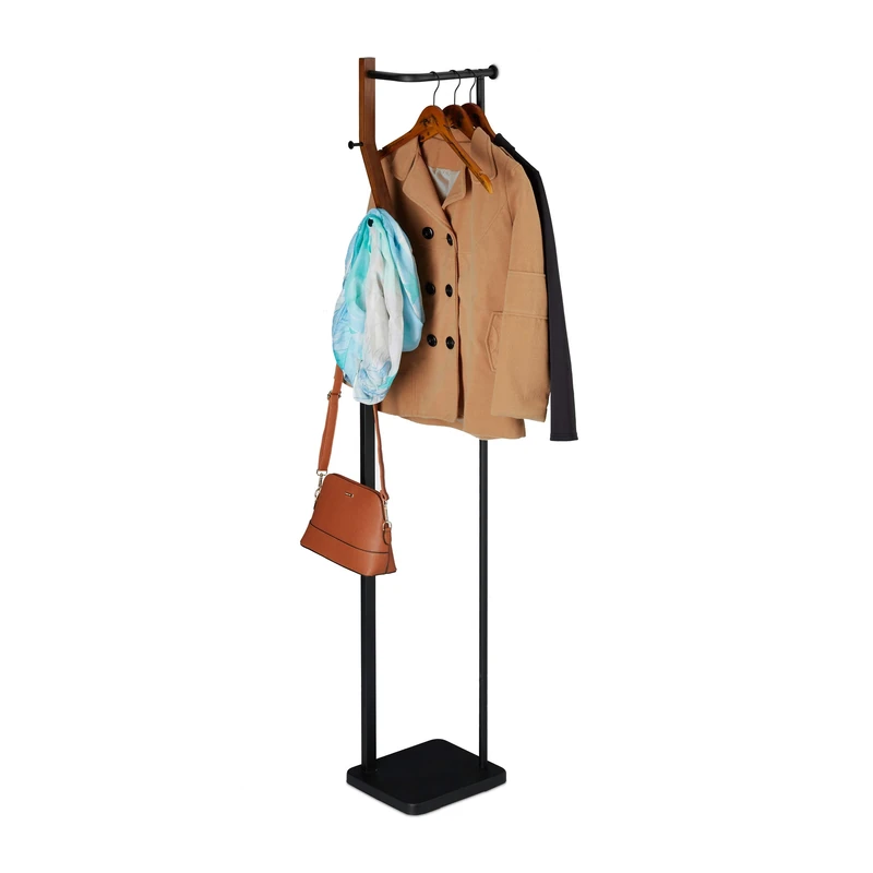Relaxdays Coat Stand Metal & Wood Modern 3 Hooks & Clothes Rail 173 x 30 x 25 cm Black/Brown