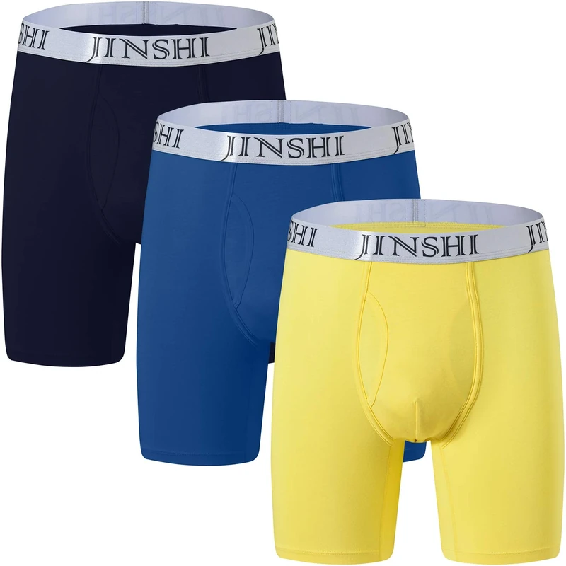 JINSHI Men's Underwear Boxer Briefs Bamboo Fiber Ultra Soft Boxers Trunks Long Boxer Shorts (Black/Blue/Yellow) Size L