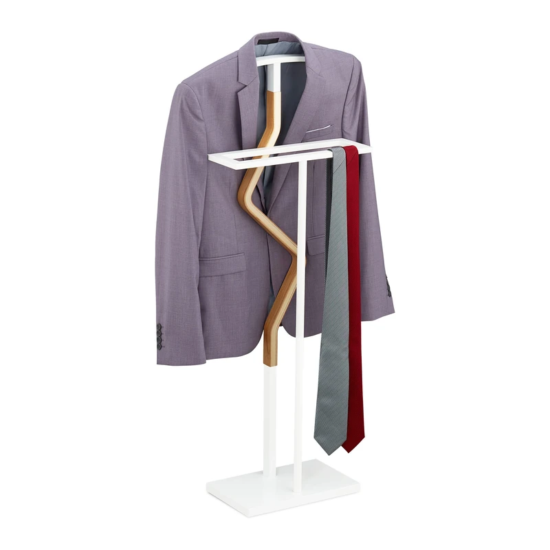 Relaxdays Valet Stand, Suit Holder, Clother Butler, Wardrobe Hanger, Wood, Metal, HxWxD 107x48x20 cm, White/Natural, Steel, 107 x 48 x 20 cm