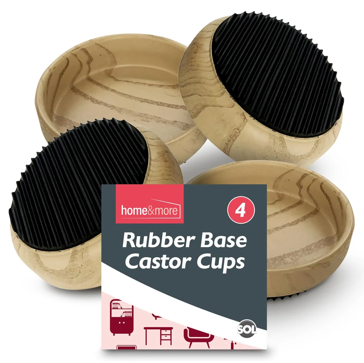 SOL 4pk Rubber Base Castor Cups - Non-Slip Furniture Protectors for Chair & Sofa Legs, Table Feet, Bed - Castor Cups to Protect Wooden Floors
