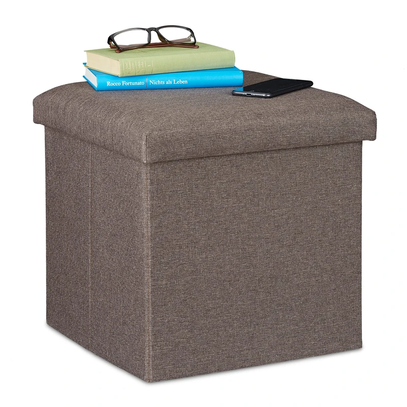 Relaxdays Ottoman, Seat Stool with Storage Space, Fold, Upholstered, Square, Cube, HxWxD 37 x 37.5 x 37.5 cm, Grey/Brown, Fibreboard