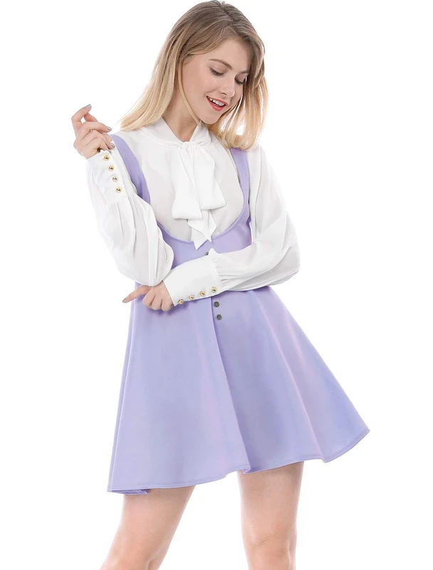 Allegra K Women's Cute Button Decor Overalls Pinafore Dress Suspenders Skirt - Purple - Large