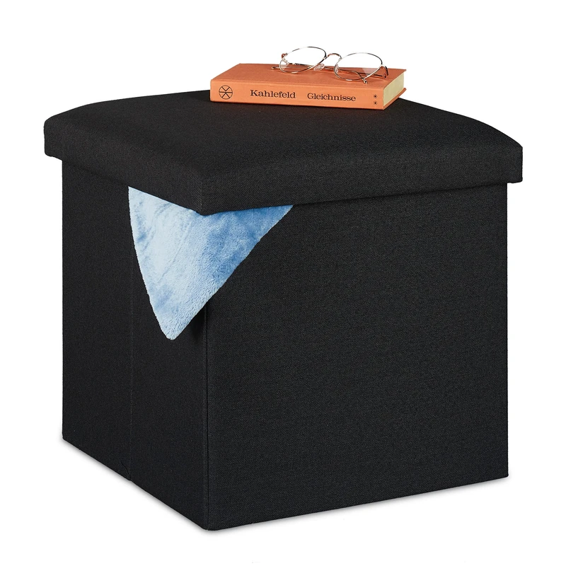 Relaxdays Ottoman, Seat Stool with Storage Space, Foldable, Upholstered, Square, Cube, HxWxD 37 x 37.5 x 37.5 cm, Black, Fibreboard