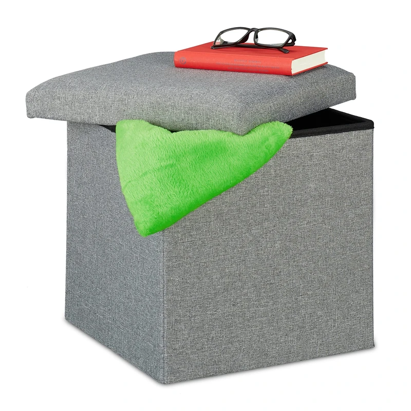 Relaxdays Ottoman, Seat Stool with Storage Space, Foldable, Upholstered, Fabric, Cube, HxWxD 37 x 37.5 x 37.5 cm, Grey, Fibreboard