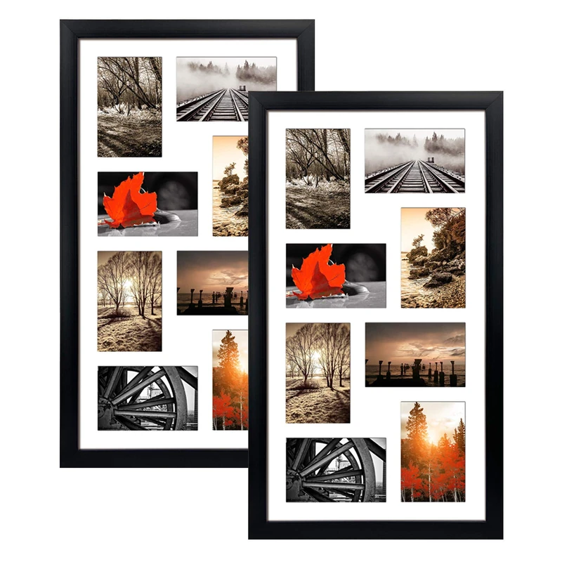 QUTREY 4x6 Black Collage Picture Frames Set of 2, 8 Openings Matted Collage Frame for 4x6 Pictures to Display 16 Multi Photos for Wall