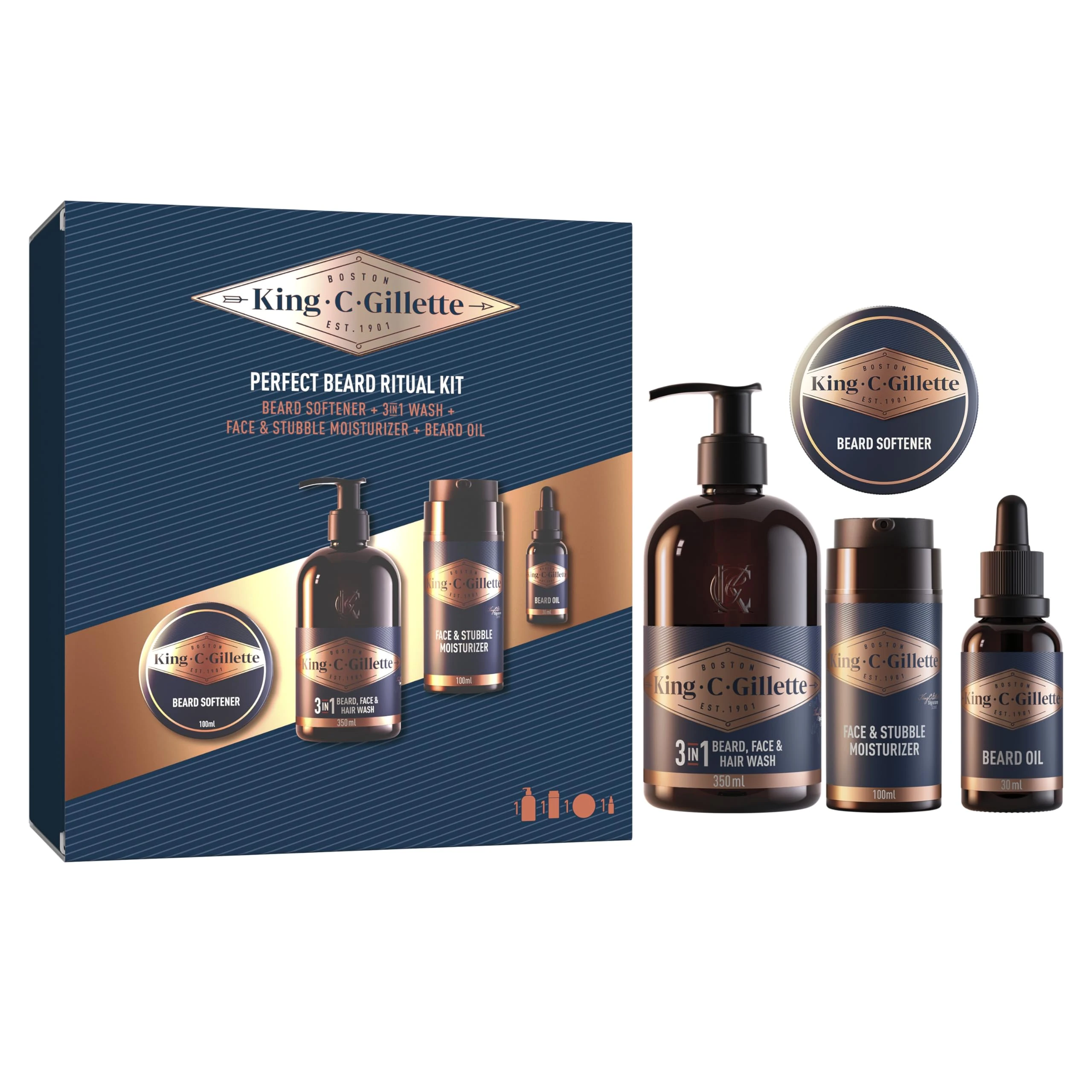 King C. Gillette Men's Beard Grooming Gift Set, 3-in-1 Beard, Face & Hair Wash 350ml, Beard Softener, Face & Stubble Moisturiser, Complete Beard Care Kit with Sandalwood & Cedar Scent - Gift for Men