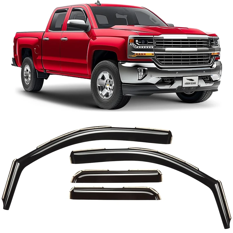 Voron Glass in-Channel Extra Durable Rain Guards for Trucks Chevrolet (Chevy) Silverado/GMC Sierra 2014-2018 Double Cab, Window Deflectors, Vent Window Visors, 4 Pieces - 230092