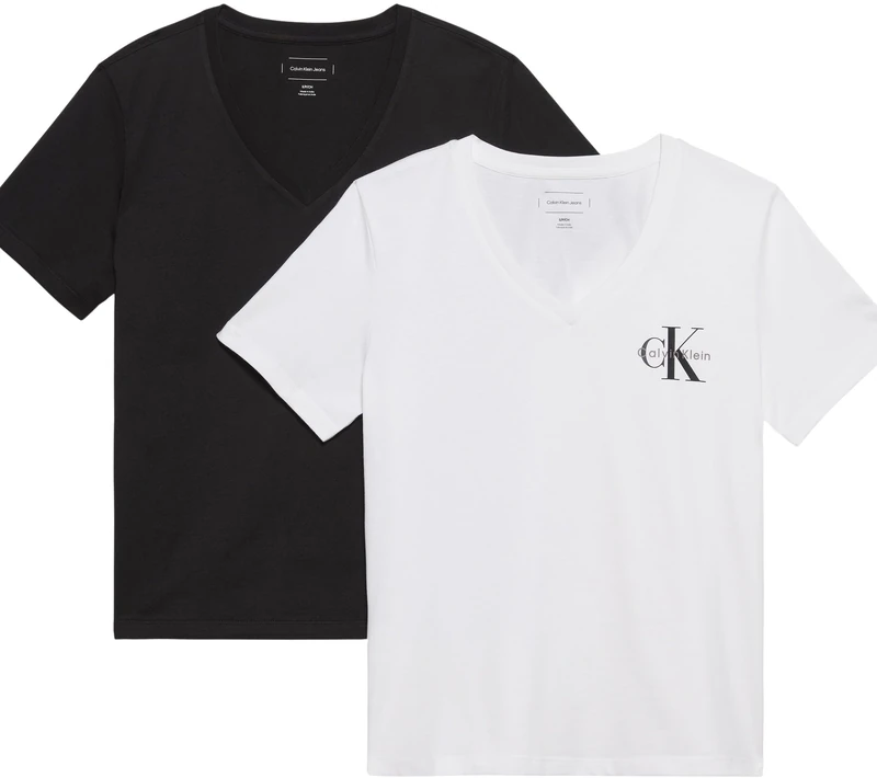 Calvin Klein Women’s 2 Pack Short Sleeve V-Neck Logo T-Shirts, Multicolor (Black/Brilliant White), L
