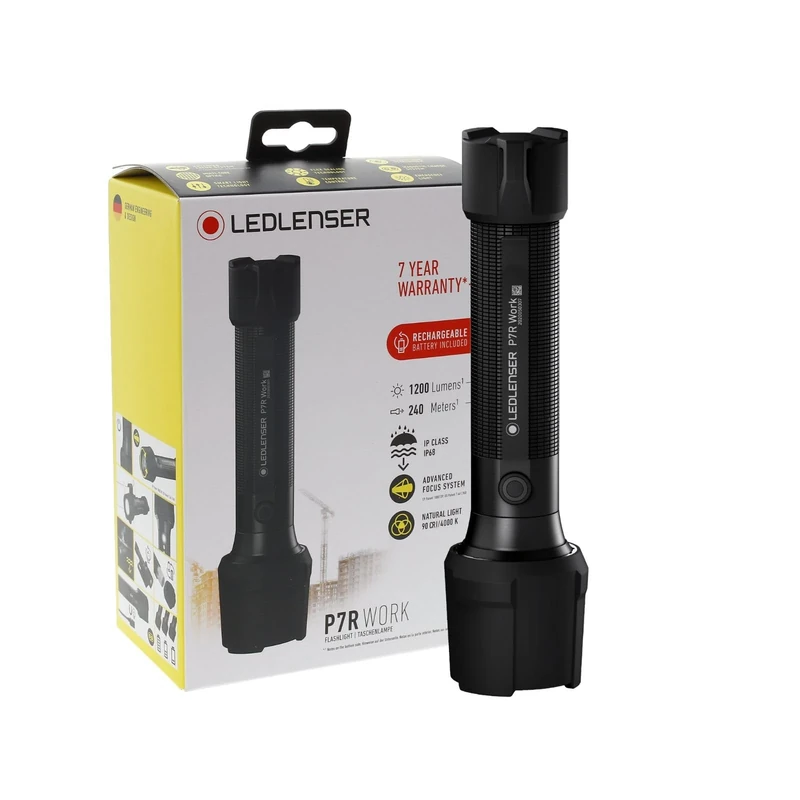 Ledlenser P7R Work | 2020 | LED Rechargeable Torch, 1200 Lumens, High CRI, SOS, Strobe, Up to 60h Battery, 240m Beam, IP68 Waterproof, Rubber Protectors, Ideal for Workshop Garage Mechanic, Worksite