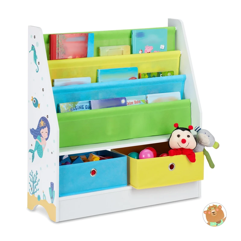 Relaxdays Children's Shelf, Mermaid Motif, 2 Boxes, 3 Compartments, Toy Storage, Bookshelf HWD: 74x71x23 cm, Colourful