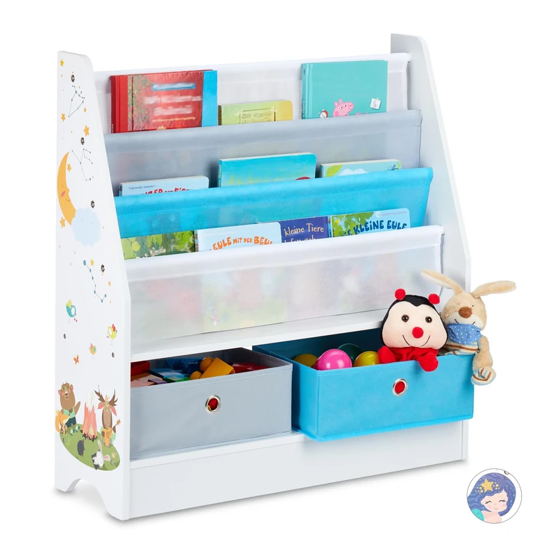 Relaxdays Children's Shelf, Animal Motif, 2 Boxes, 3 Compartments, Toy Storage, Bookshelf HWD: 74x71x23 cm, Colourful