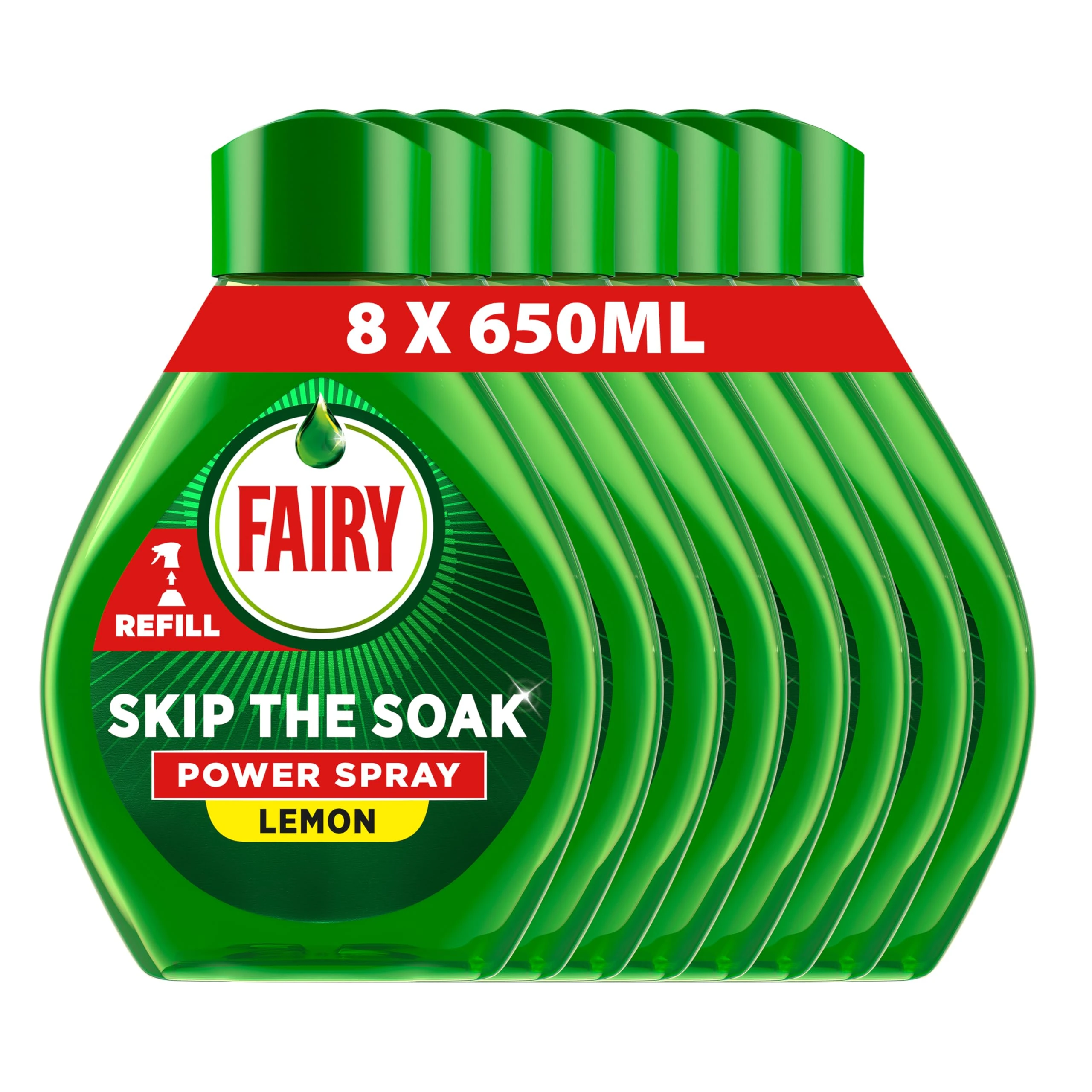 Fairy Skip the Soak Dish Power Spray Refills, Lemon, 8x650ml, Degreaser Spray for Dishes & Kitchen Surfaces