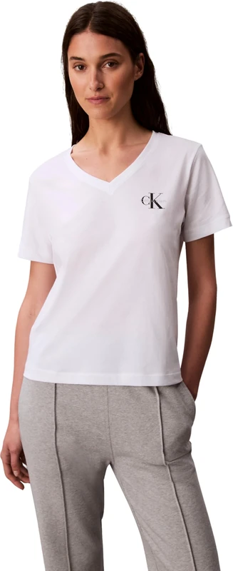 Calvin Klein Women’s 2 Pack Short Sleeve V-Neck Logo T-Shirts, Multicolor (Black/Brilliant White), XS