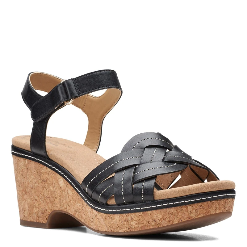 Clarks Women's Giselle Coast Wedge Sandal, Black Leather, 7 UK