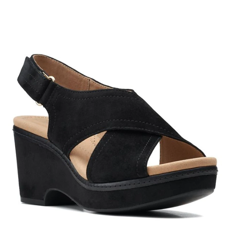 Clarks Women's Giselle Coast Wedge Sandal, Black Suede, 5.5 UK