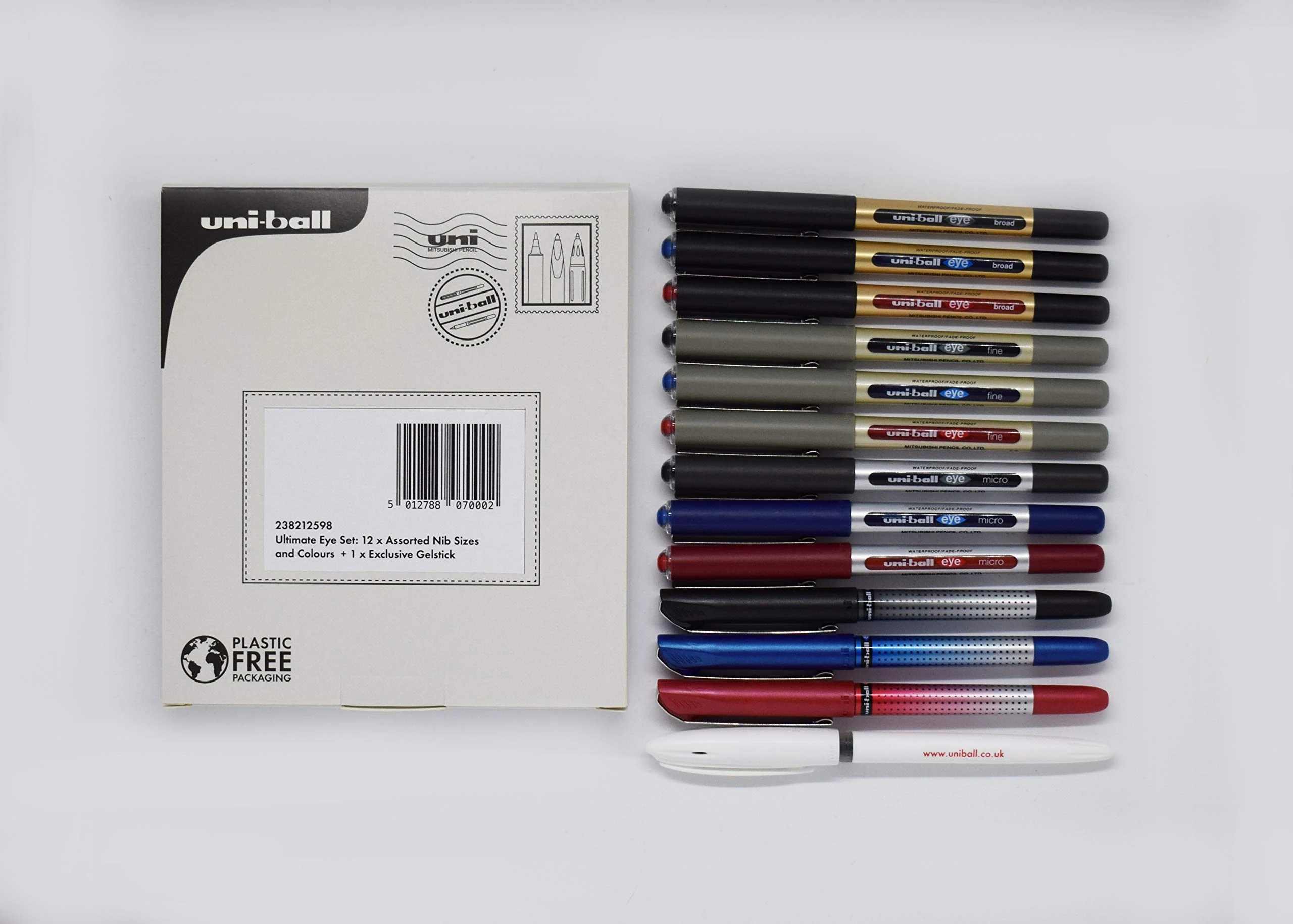 uni-ball Ultimate Eye Rollerball Black, Blue, Red Ink Pens Set. Broad 1.0mm, Fine 0.7mm, Micro 0.5mm, Needle 0.4mm Ballpoint Tip + Signo Gel Pen. Fade and Water Resistant Liquid Uni Super Ink. 13 Pack