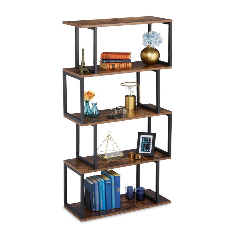 Relaxdays Bookcase, Industrial Design, 5 Open Levels, MDF & Metal, HxWxD: 136 x 73 x 30 cm, Upright Shelf, Brown/Black - Image 1
