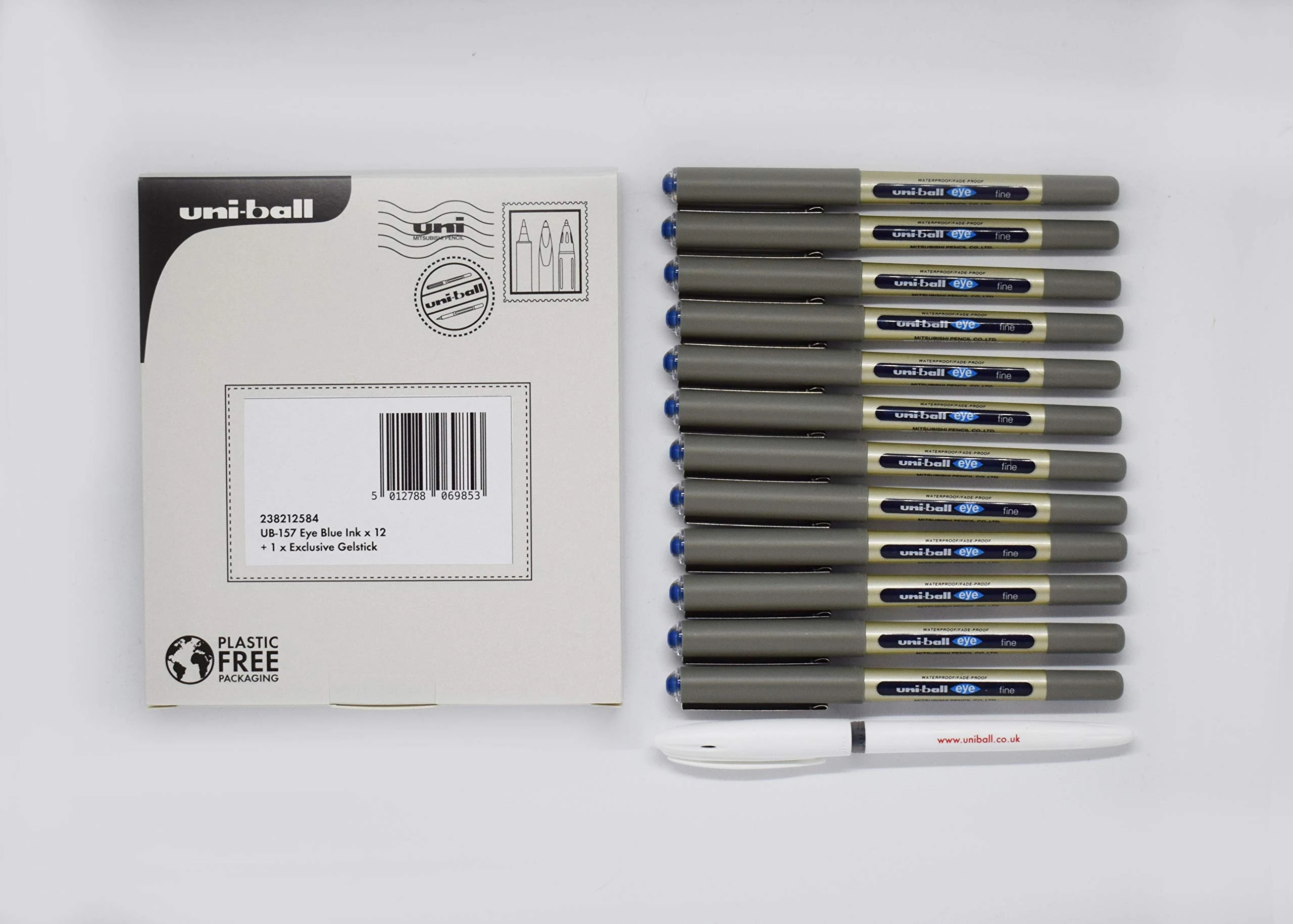 uni-ball UB-157 Eye Rollerball Pens. Premium Fine 0.7mm Ballpoint Tip for Super Smooth Writing, Drawing and Colouring. Fade and Water Resistant Liquid Uni Super Ink. 12 Blue + 1 Exclusive Gel Pen