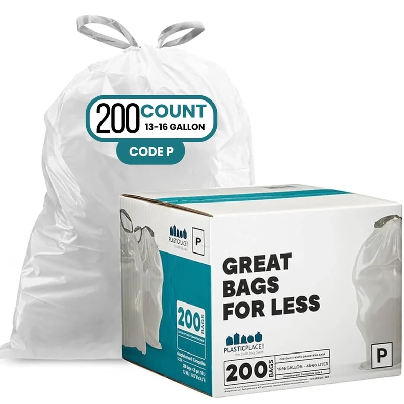 Plasticplace Drawstring Rubbish Bags, Compatible with simplehuman Code P, White Rubbish Liners 13-16 Gallon / 50-60 Liter, 23.5" x 31.5", (200 Count) - Image 1