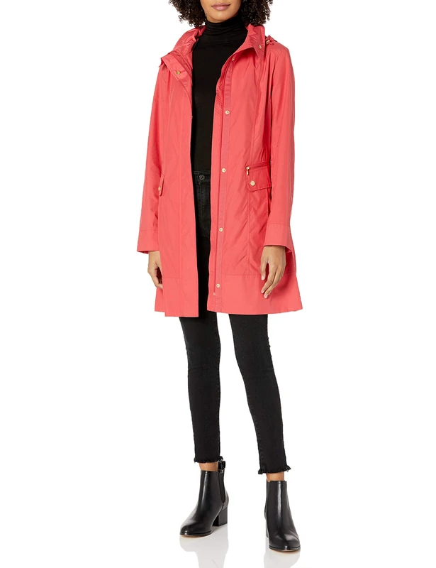 Cole Haan Women's Back Bow Packable Hooded Rain Jacket, Red, M
