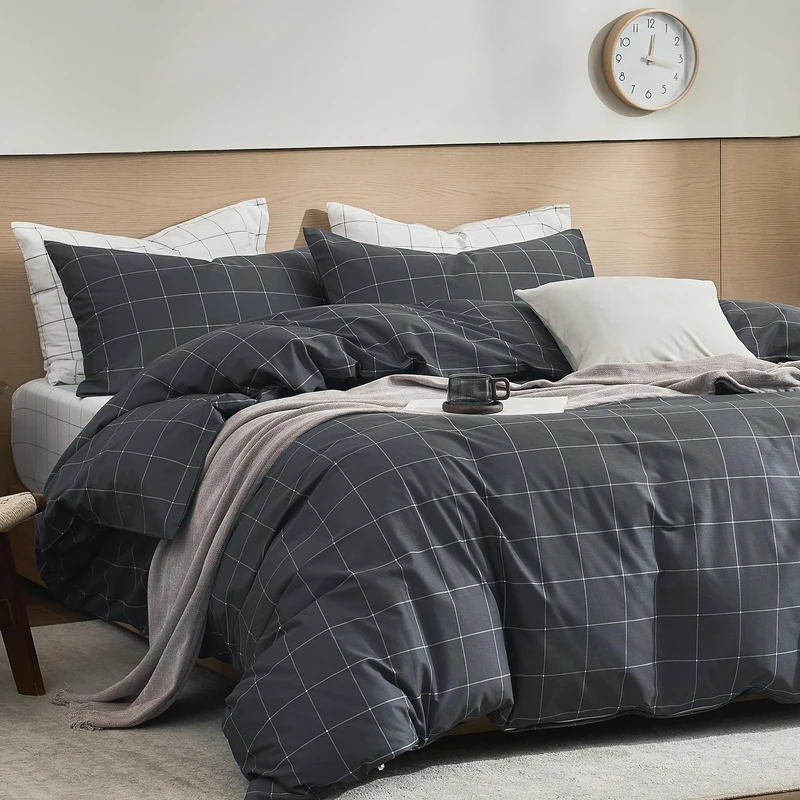 JELLYMONI 100% Natural Cotton 3pcs Plaid Duvet Cover Sets, Black with White Grid Geometric Pattern Printed Comforter Cover,with Zipper Closure & Corner Ties(King Size)