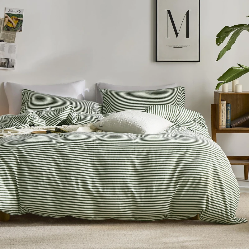 JELLYMONI 100% Natural Cotton 3pcs Striped Duvet Cover Sets,White Duvet Cover with Green Stripes Pattern Printed Comforter Cover,with Zipper Closure & Corner Ties(King Size)