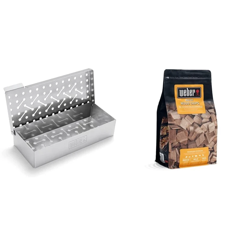 Weber 7576 Universal Smokerbox - SS, Steel & 17622 Smoking Wood Chips, Beech, 17.8x8.9x30.5 cm