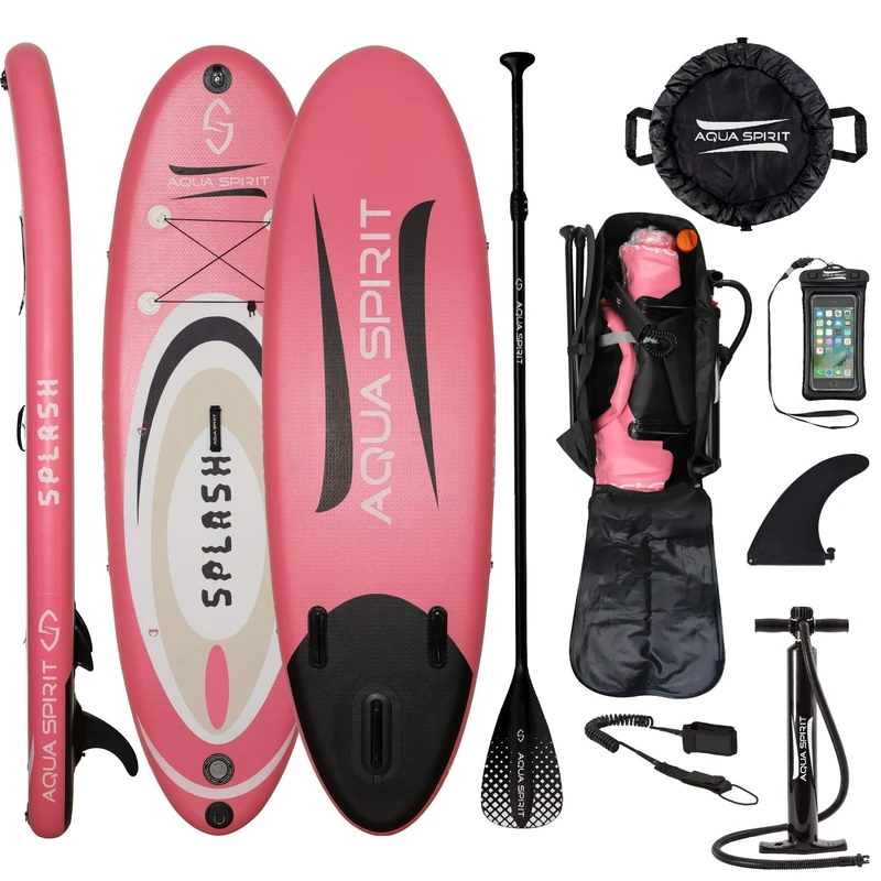 Aqua Spirit Splash Inflatable Stand Up SUP 9’x31”x6” Beginners Paddle Board For Kids/Small Adults With Accessories, Paddle, Pump, Back Pack, Leash, Repair Kit, 2 Year Warranty (9' Splash Pink) - Image 1