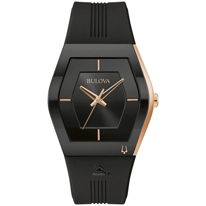 Bulova Latin Grammy Gemini Rose Gold Stainless Steel Accent Quartz Watch with Curved Mineral Glass and Black Silicone Strap, Rose Gold/Mens, Latin Grammy Twins - Image 1