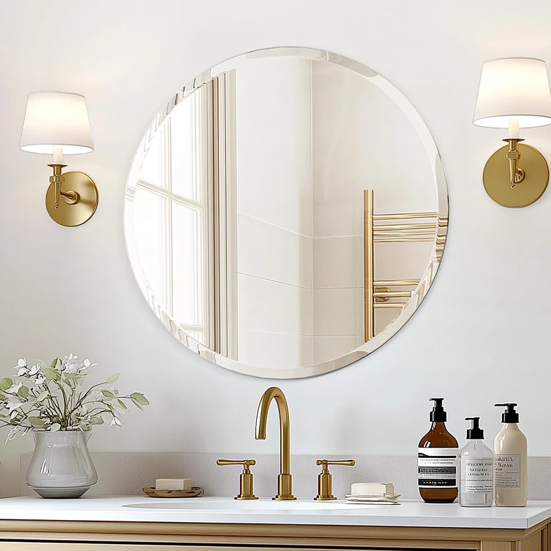 USHOWER 24-Inch Frameless Round Wall Mirror, Large Decor Circle Mirror for Bathroom, Vanity, Bedroom, 1" Beveled Edge, Modern Style
