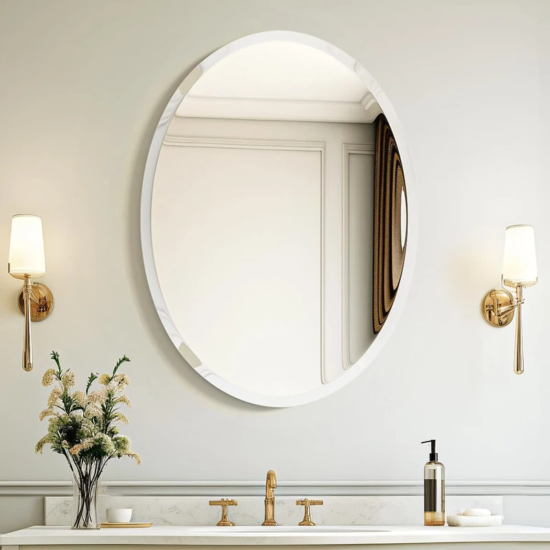 USHOWR 20 x 28 Inch Frameless Oval Wall Mirror, Large Decor Mirror for Bathroom, Vanity, Bedroom, 1" Beveled Edge, Modern Style