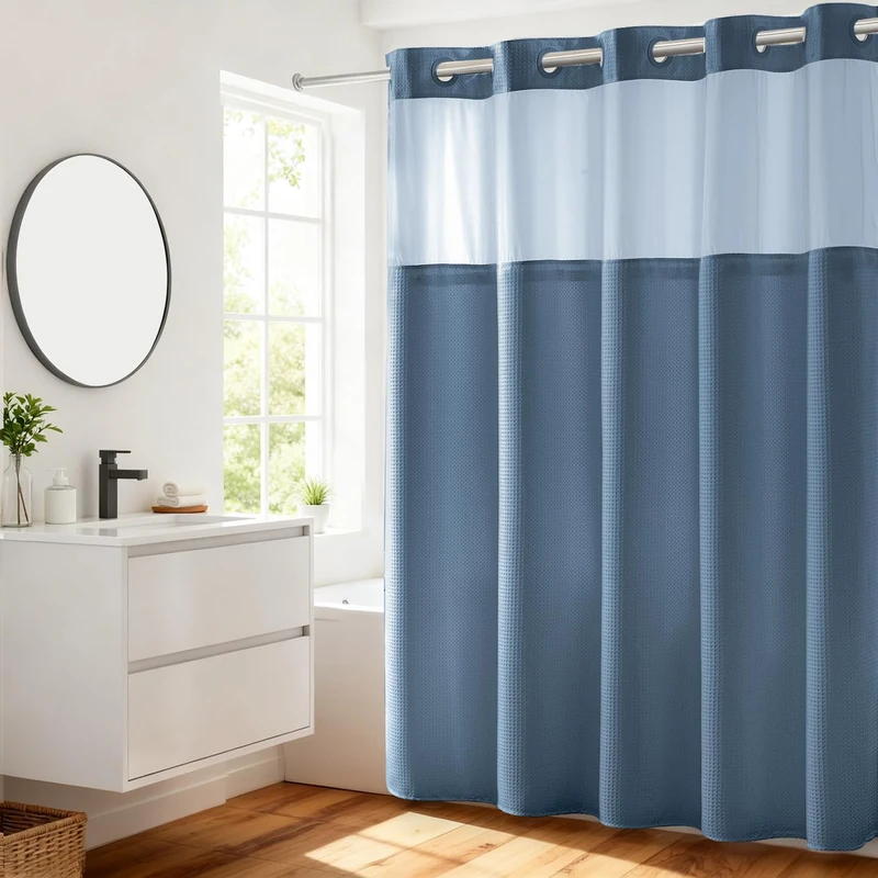 River Dream No Hooks Required Dotted Waffle Weave Shower Curtain with Snap in Liner - 71W x 74H,Hotel Grade,Spa Like Bath Curtain,Moonlight Blue